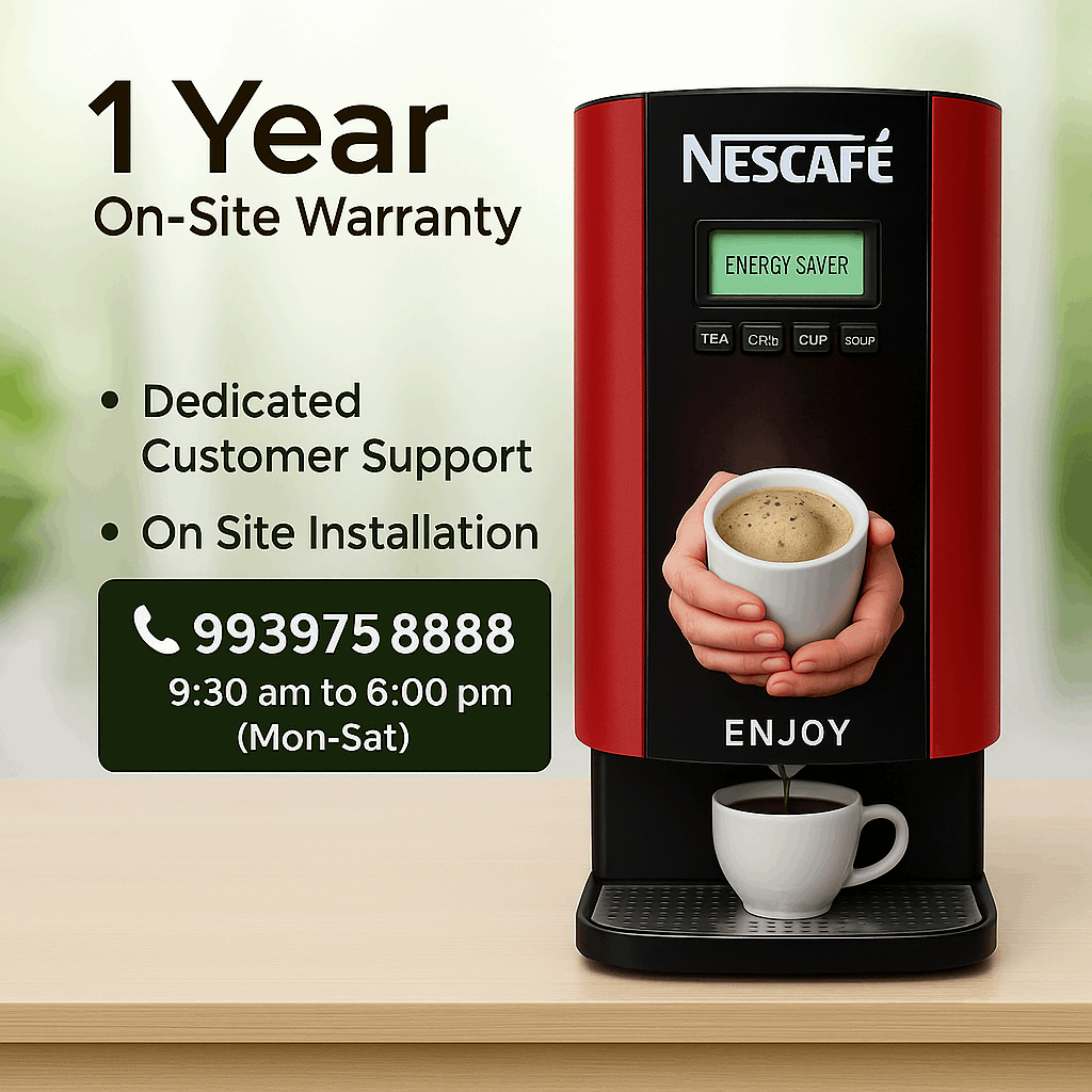 Nescafe 2 lane coffee machine in red with cup of coffee and 1 year on-site warranty details