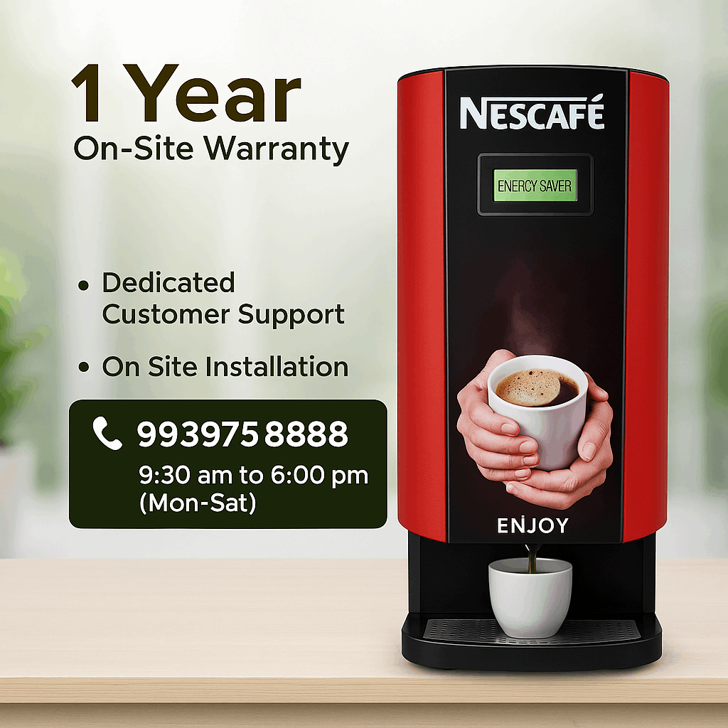 Nescafe 2 lane coffee machine in red and black with cup of coffee and warranty information
