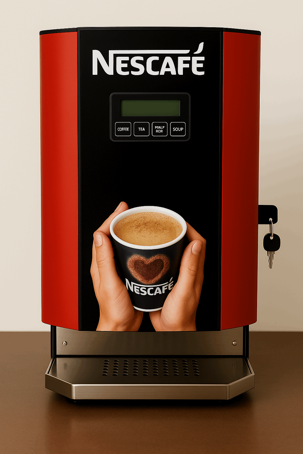 Nescafe 2 lane coffee machine in red and black with digital display and cup of coffee held by hands
