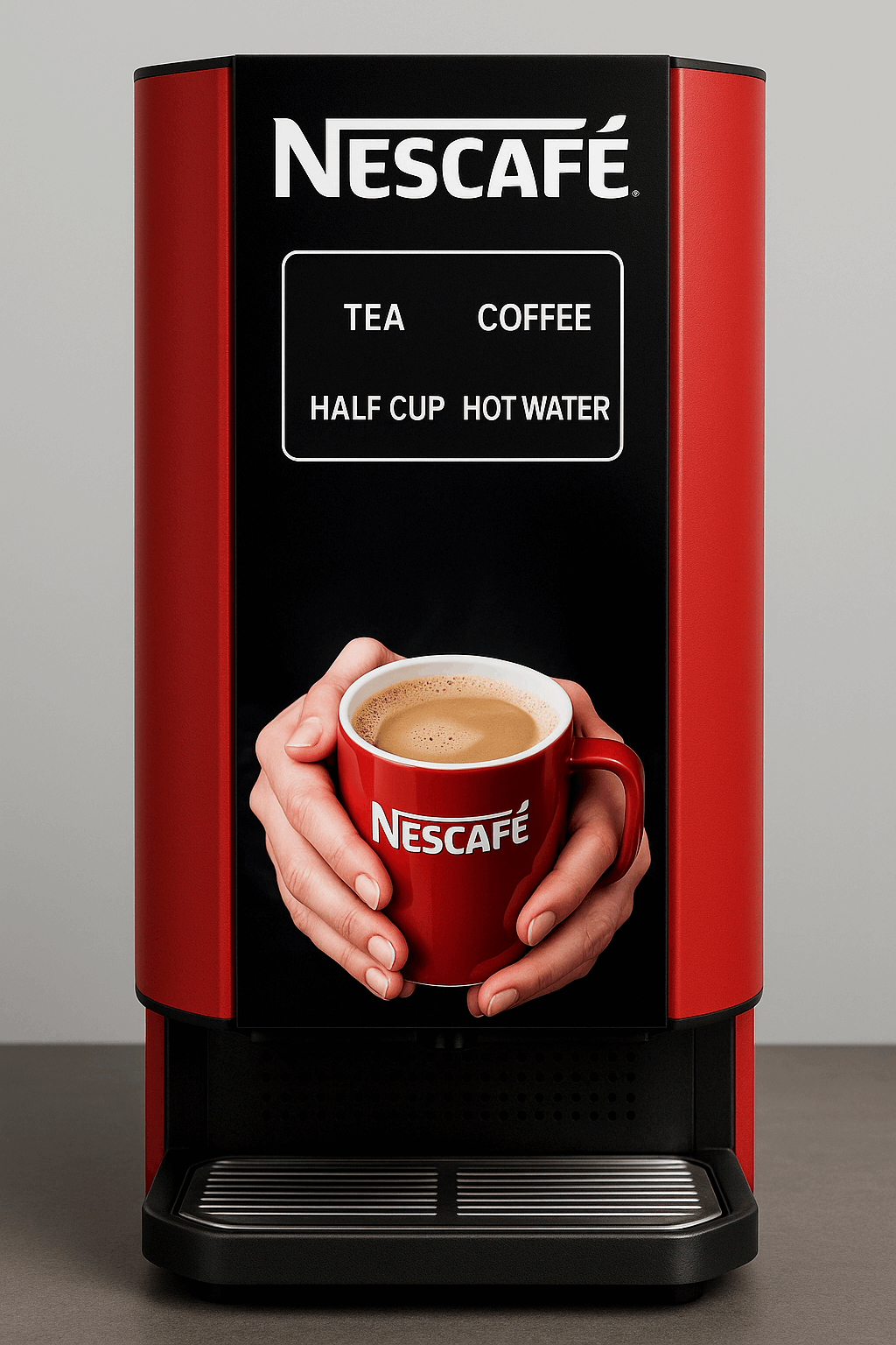 Nescafe 2 lane coffee machine in red and black with a hand holding a red Nescafe cup filled with coffee
