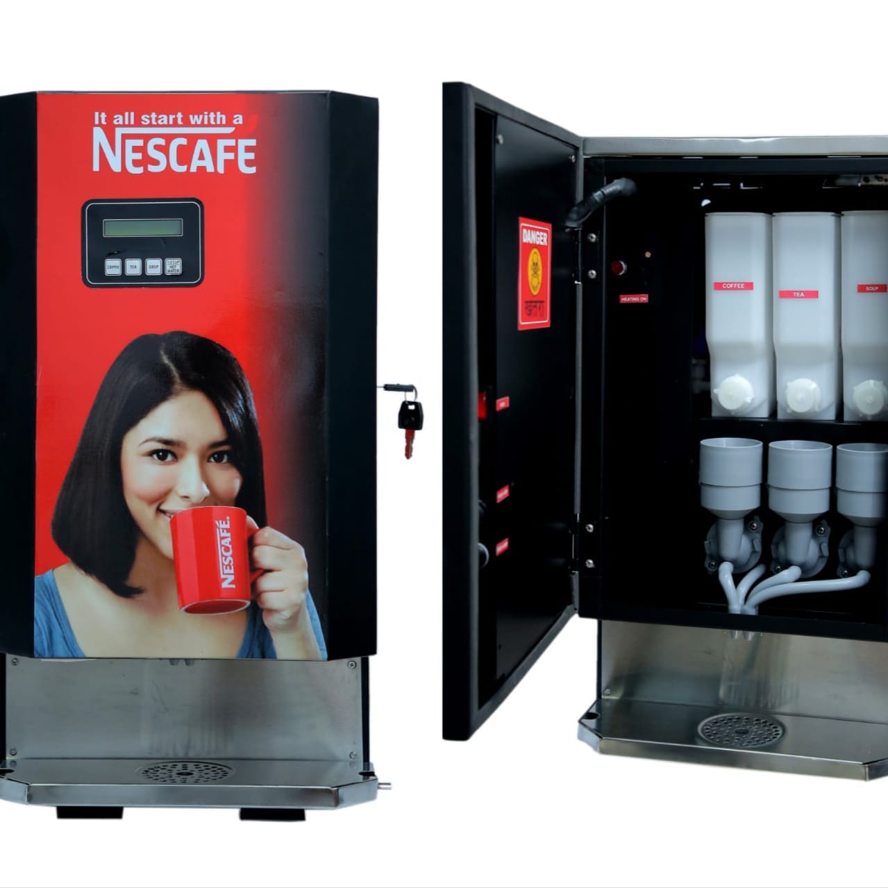 Nescafe 3 lane vending machine Delhi with black and red design featuring a woman drinking coffee