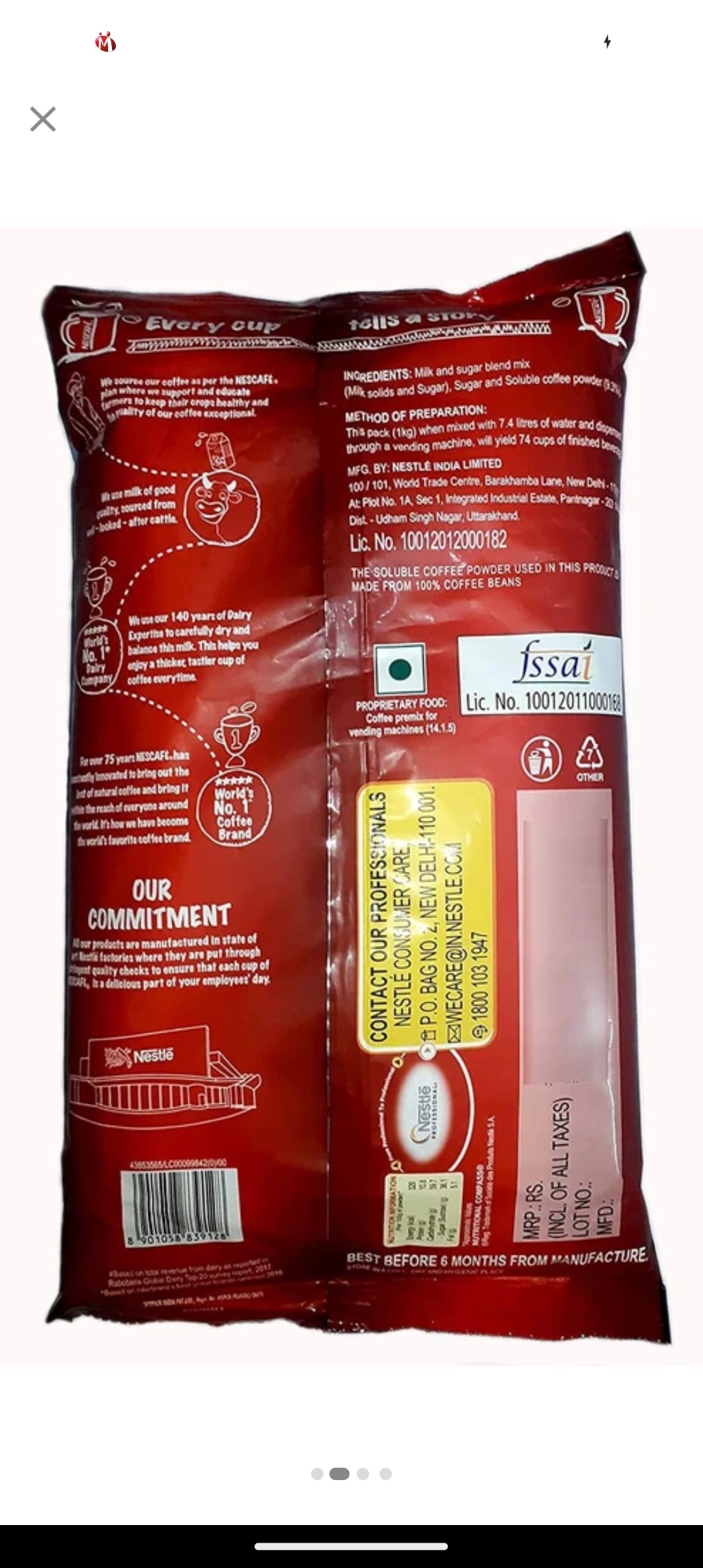 Back view of Nescafe Signature Blend Coffee Premix 1 Kg brown packet with product and usage information