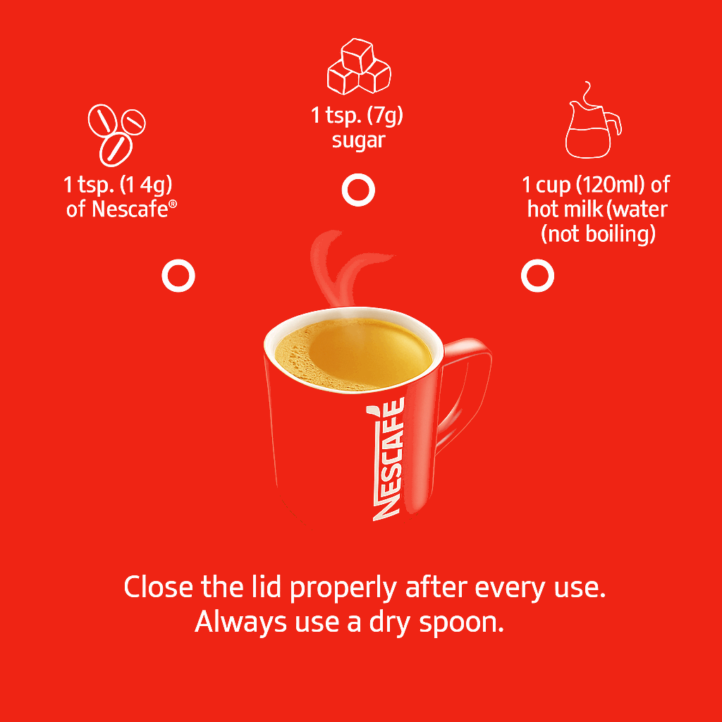 Nescafe Signature Blend Coffee Premix 1 Kg preparation instructions with red coffee cup and ingredients