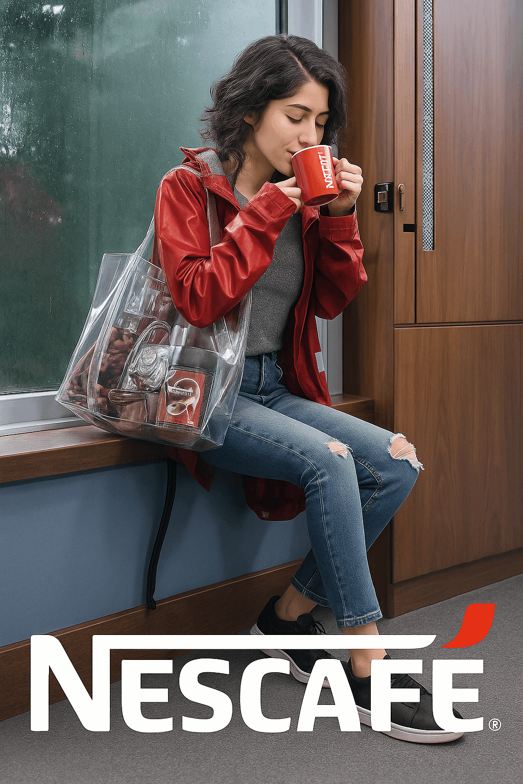 Woman enjoying a cup of Nescafe Signature Blend Coffee Premix 1 Kg in a red mug indoors