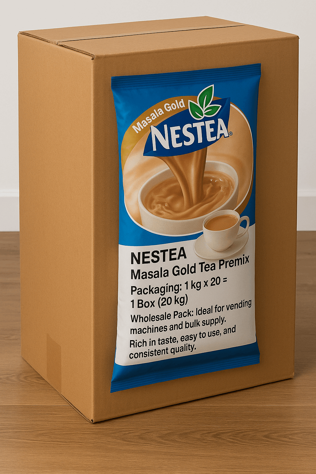 Nestea instant tea premix 1kg Masala Gold tea pack displayed on brown cardboard box for vending service