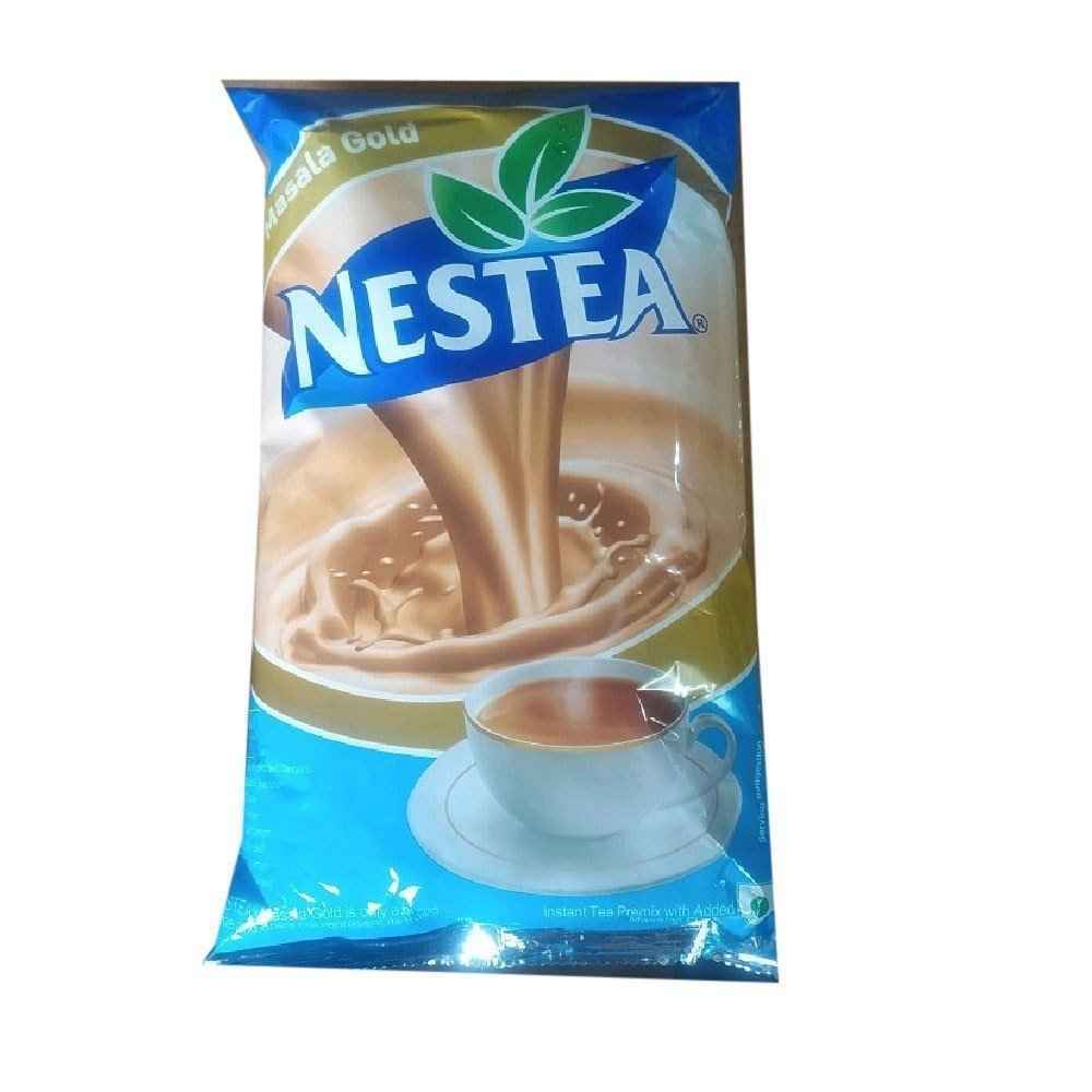 Nestea instant tea premix 1kg packet with creamy tea splash and white cup on blue background
