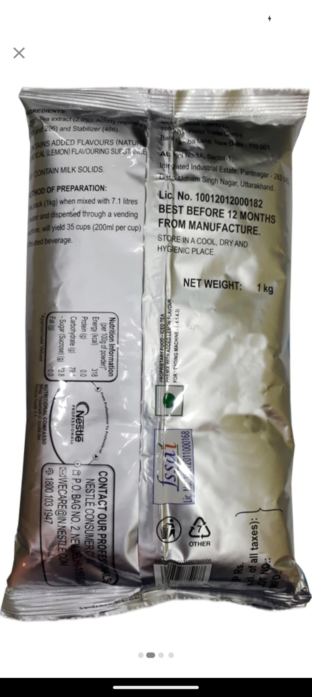Back view of lemon iced tea 1kg pack with product details and storage instructions