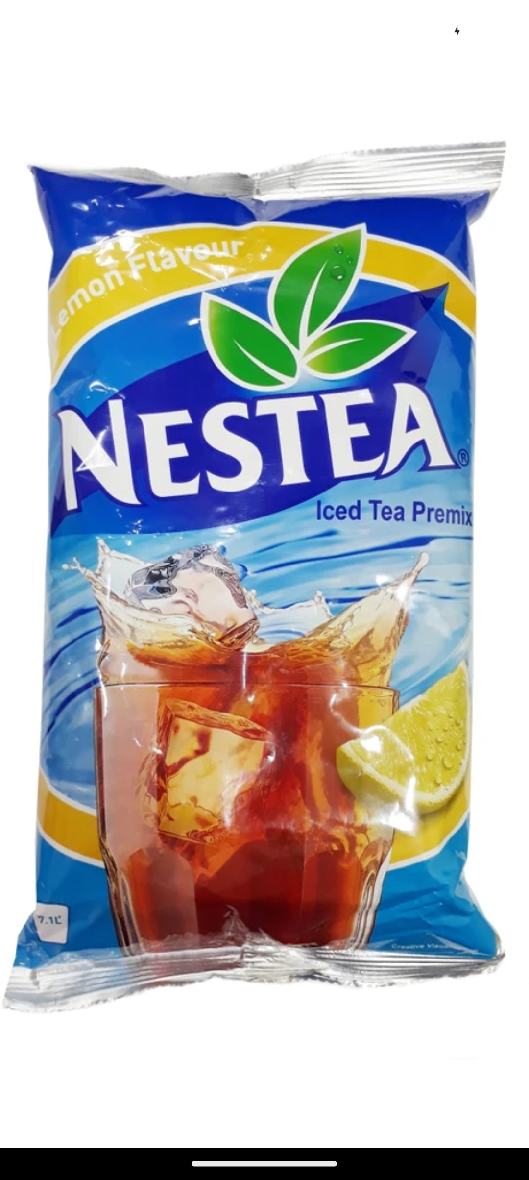 Nestea lemon iced tea 1kg pack with a glass of iced tea and lemon slice on blue packaging