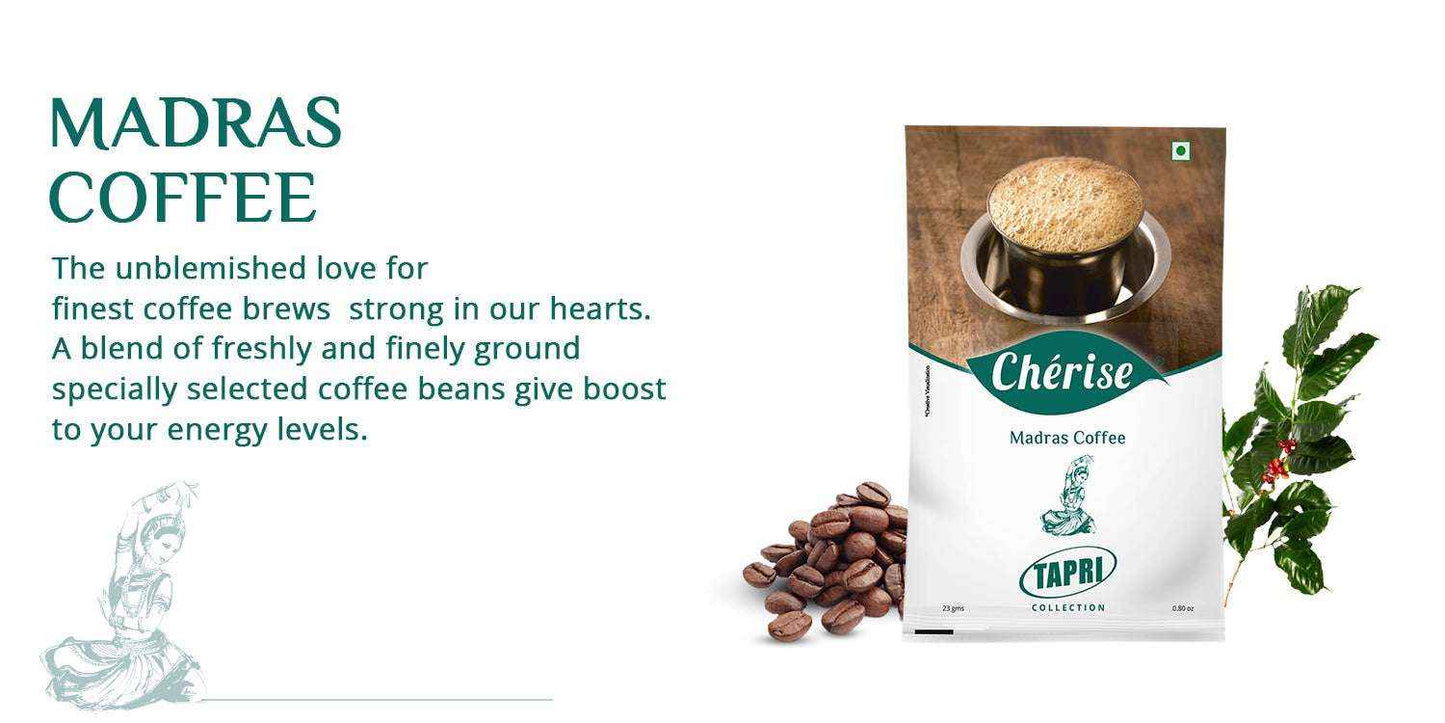 Madras coffee premix for vending machines with coffee beans and fresh coffee leaf on a white background