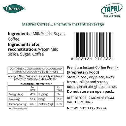 Madras coffee premix for vending machines 1kg packet with ingredient and nutritional information label