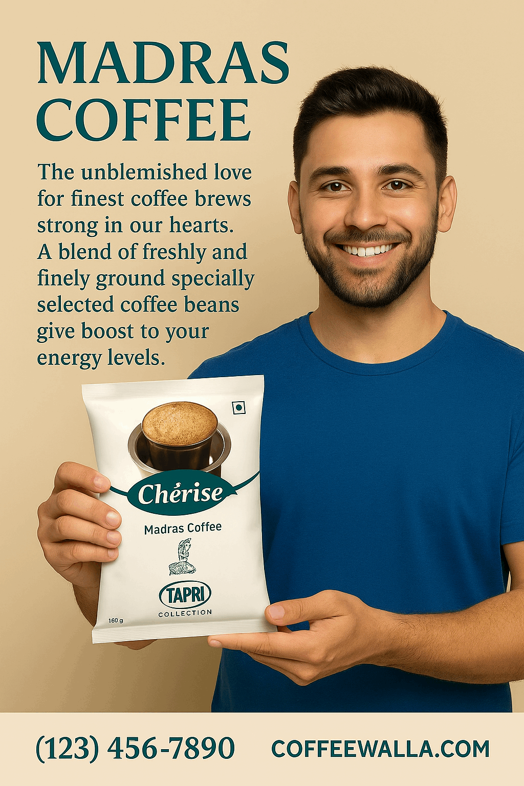 Man holding Cherise Madras coffee premix for vending machines packet with text describing coffee blend
