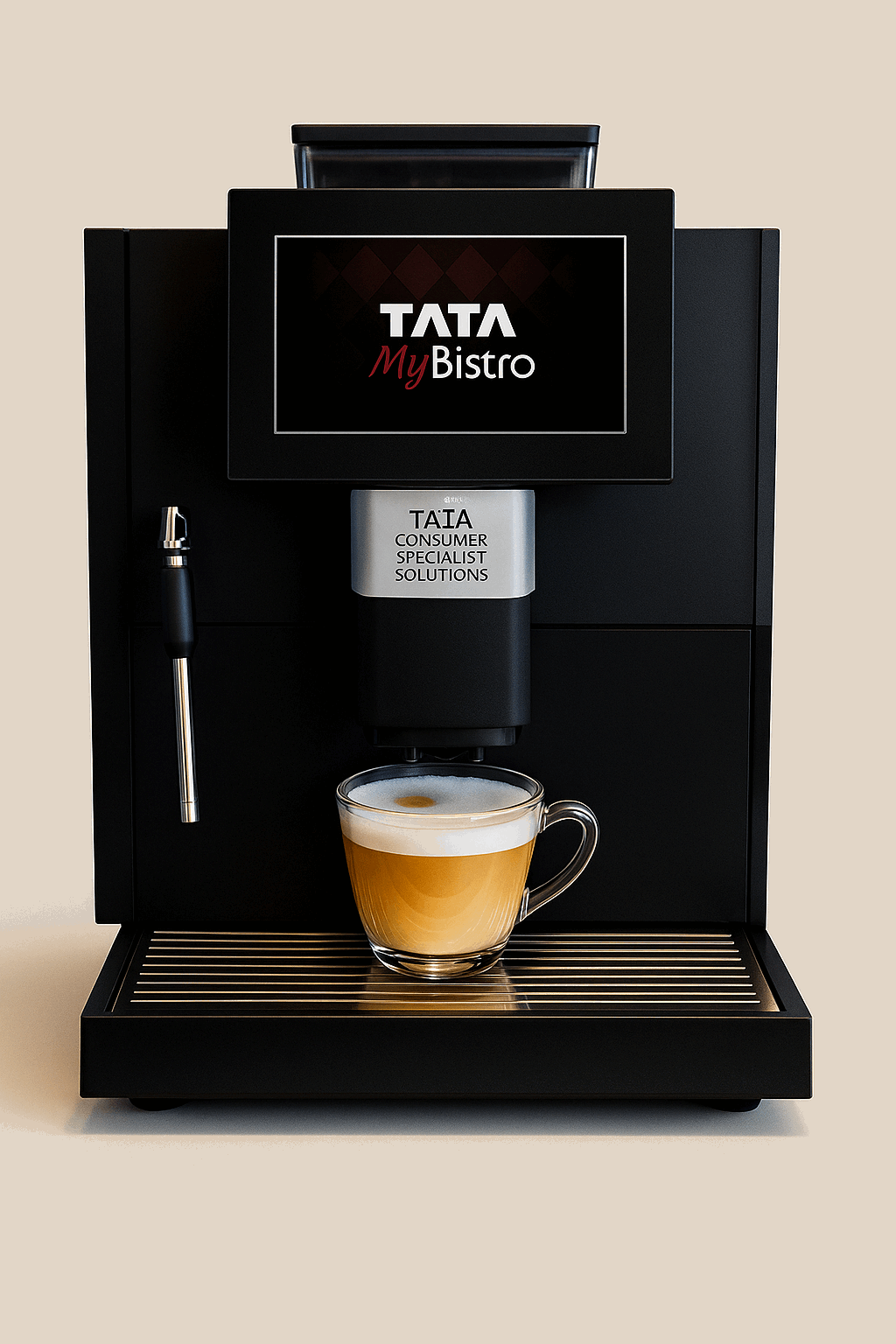 Tata Barista coffee machine rental Noida black coffee maker with a cup of coffee placed on the drip tray