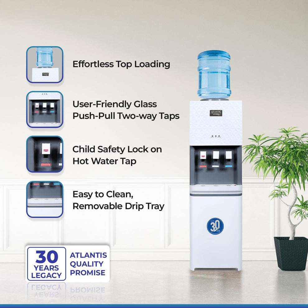 ATLANTIS JUMBO PLUS water machine with top loading, user-friendly glass taps, child safety lock, and removable drip tray