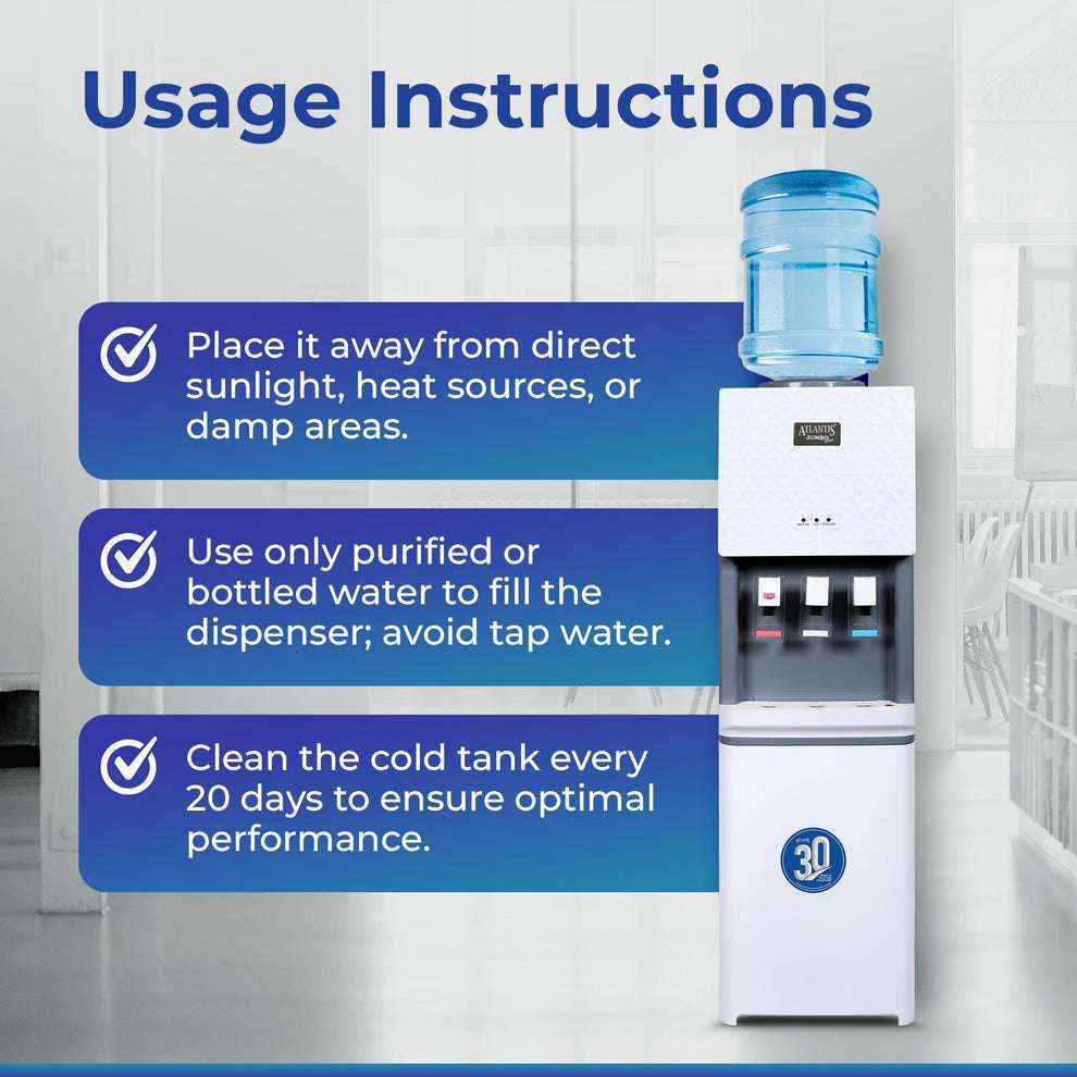 ATLANTIS JUMBO PLUS water machine with usage instructions for optimal placement and maintenance