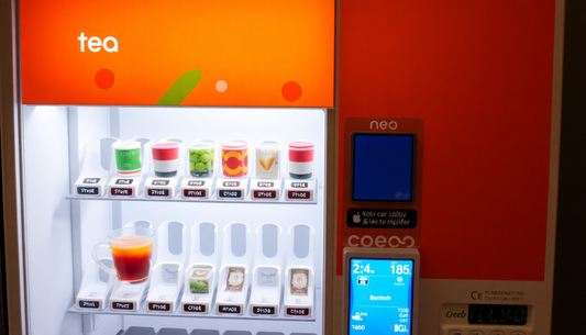 Automatic vending machine dispensing tea and coffee