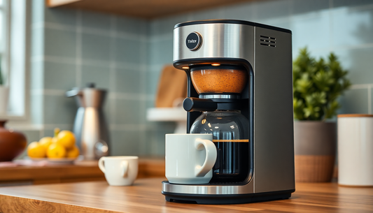 Automatic coffee maker brewing fresh coffee in kitchen