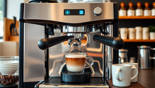 An automatic coffee machine brewing coffee in a café