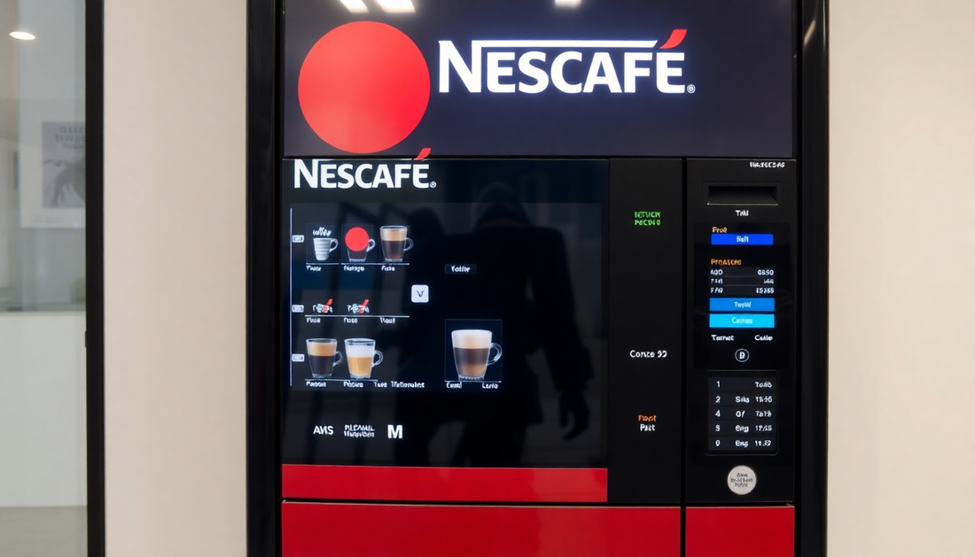 A modern Nescafe vending machine dispensing coffee