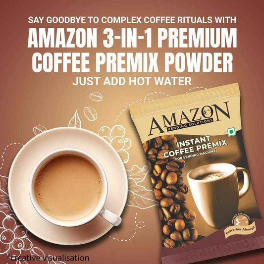 Amazon 3 in 1 coffee premix powder package next to a cup of freshly brewed coffee on a saucer
