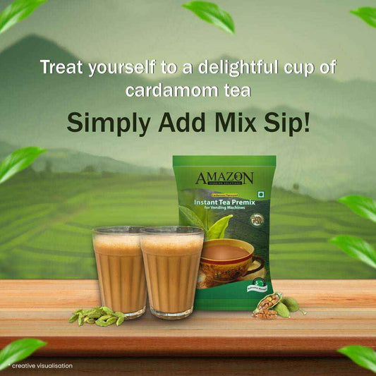 Cardamom tea premix for vending machines with two glasses of creamy cardamom tea and green packaging