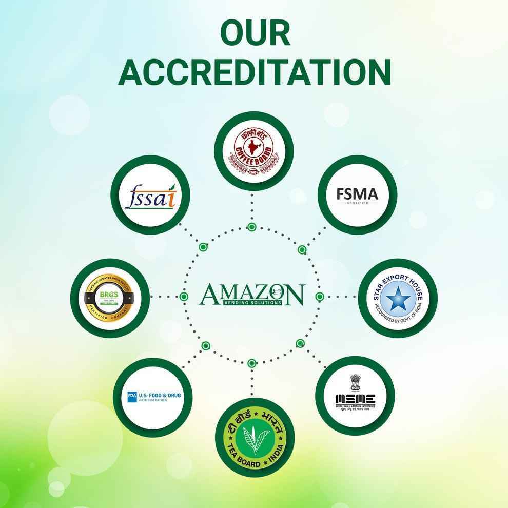 Accreditation logos for Tea Coffee Vending Service including AMAZON cardamom tea premix1 KG wholesale NOIDA
