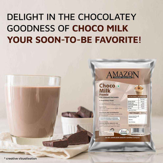 Amazon chocolate milk premix 500g pack with a glass of creamy chocolate milk and chocolate pieces
