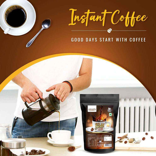 Amazon gold coffee powder 250g price pack with a person pouring coffee into a cup beside a cup of brewed coffee