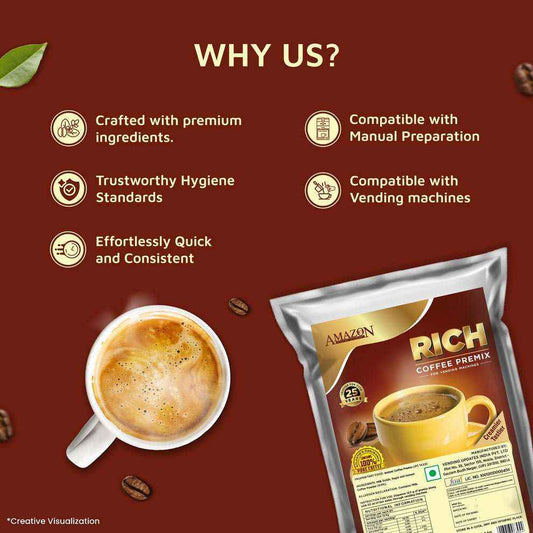 Amazon gold coffee premix purchase online showing rich coffee pack with a cup of frothy coffee and benefits