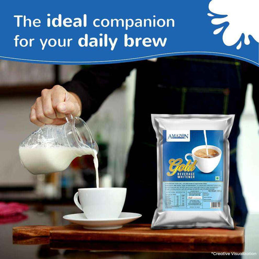 Amazon Gold tea and coffee premix whitener package next to a person pouring whitener into a white cup