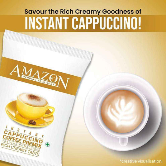 Amazon instant cappuccino powder pack next to a cup of creamy cappuccino with latte art on a saucer