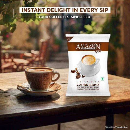 Amazon Plus coffee premix 1kg packet beside a cup of coffee on a wooden table outdoors