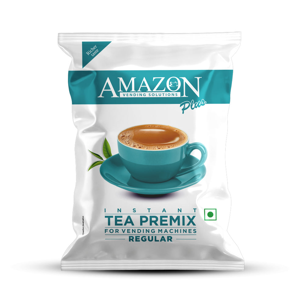 Amazon Plus regular tea premix 1kg packet with teal cup of tea image for vending machines