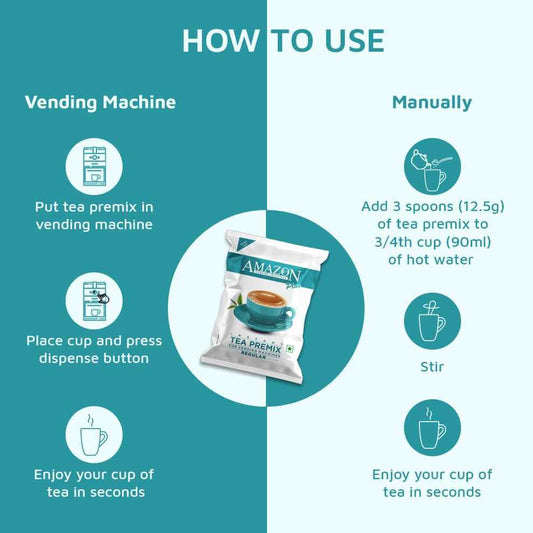 Instructions for using Amazon Plus regular tea premix 1kg with vending machine or manual preparation