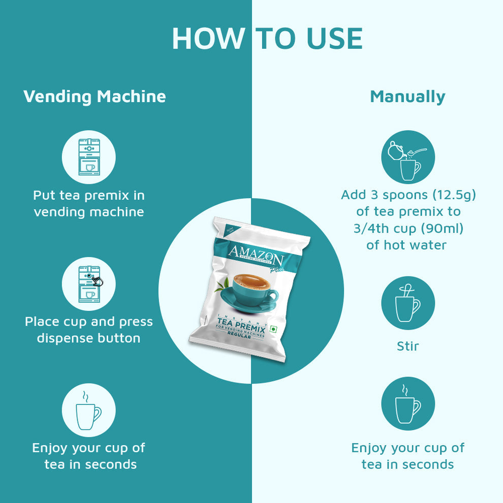 Instructions for using Amazon Plus regular tea premix 1kg with vending machine and manual preparation