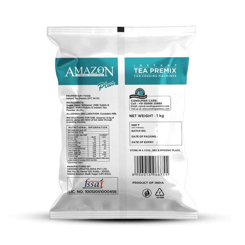 Amazon Plus regular tea premix 1kg white packet with nutritional information and vending machine instructions