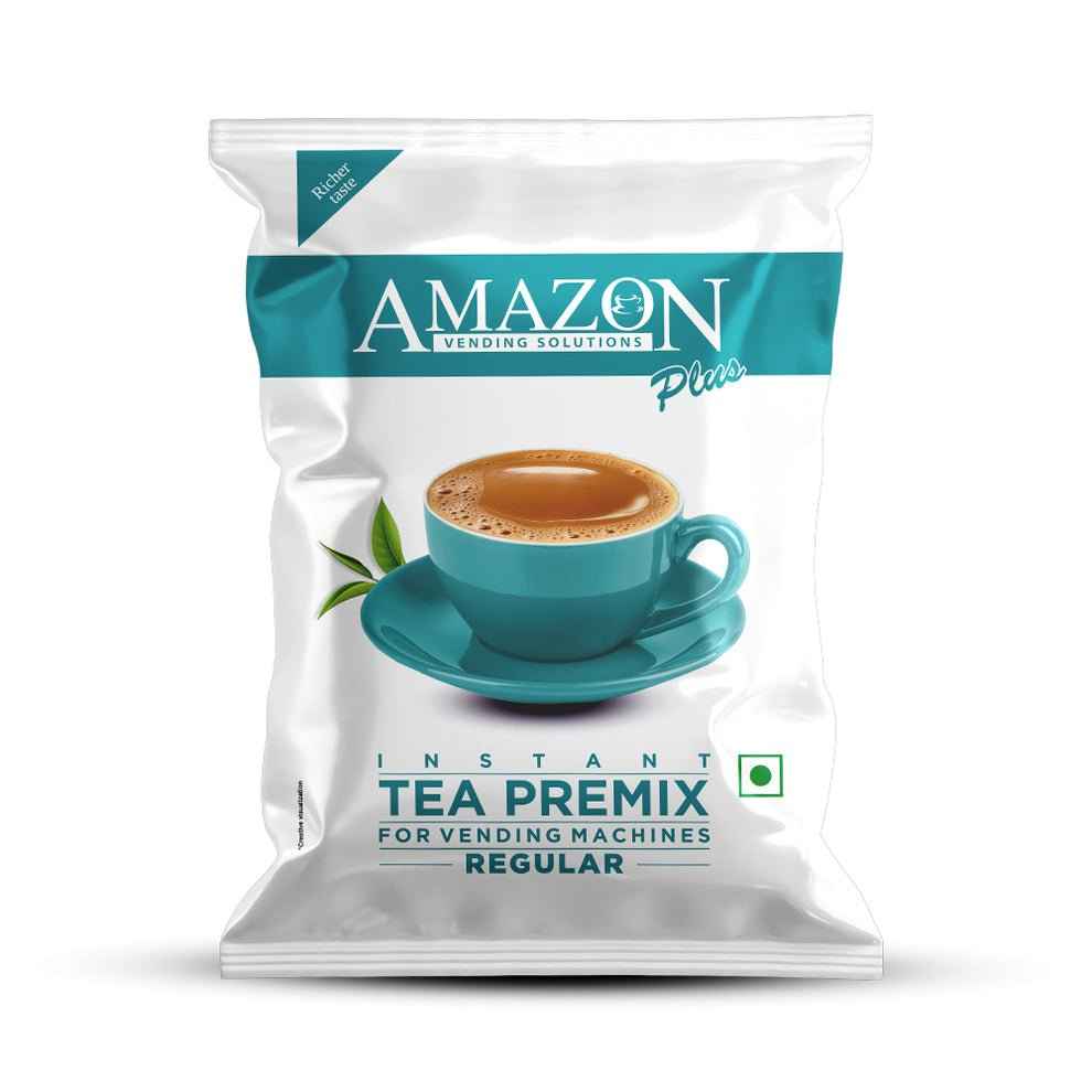 Amazon Plus regular tea premix 1kg packet with a teal cup of tea on the packaging
