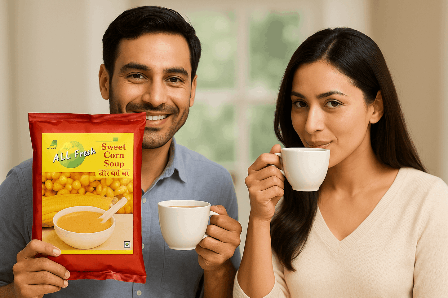 Smiling couple holding cups of tea and a sweet corn soup wholesale box packet in a cozy setting
