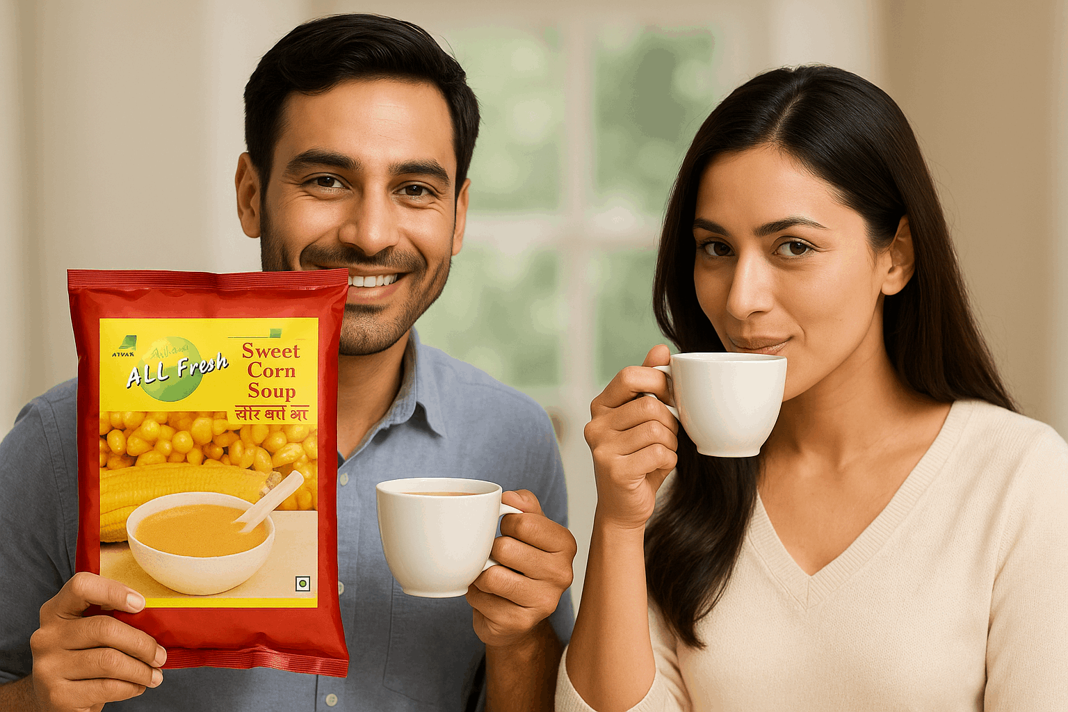 Smiling couple holding cups of tea and a sweet corn soup wholesale box packet in a cozy setting