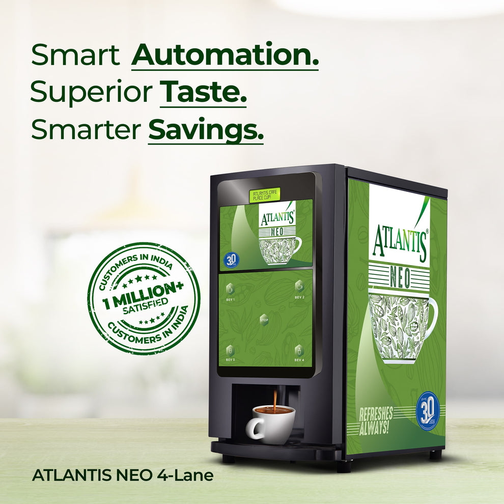 4-lane coffee vending machine for offices model Atlantis Neo serving fresh coffee with smart automation