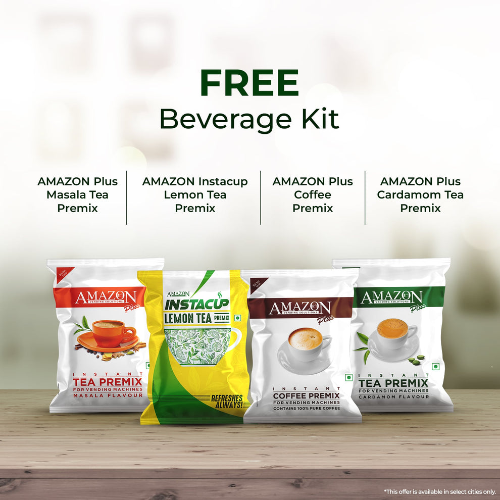 Free beverage kit with masala tea, lemon tea, coffee, and cardamom tea premix for 4-lane coffee vending machine for offices