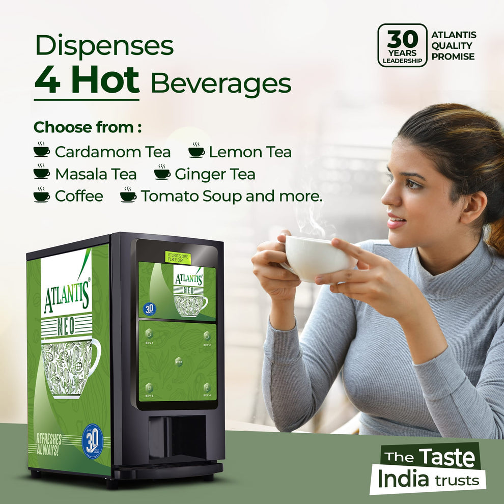 4-lane coffee vending machine for offices dispensing cardamom tea, lemon tea, masala tea, ginger tea, coffee, and tomato soup