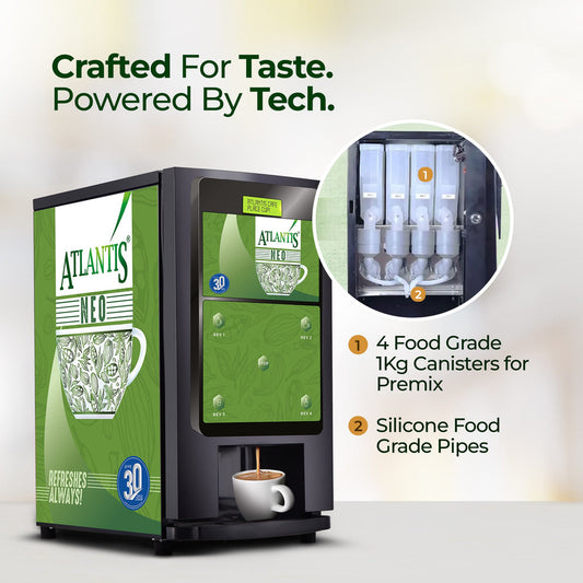 4-lane coffee vending machine for offices with four food grade 1kg canisters and silicone food grade pipes