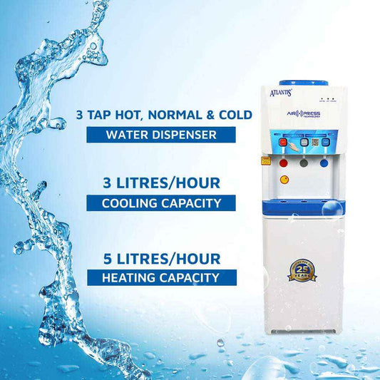 Atlantis Airpress 3 tap water dispenser with hot normal and cold taps white and blue design
