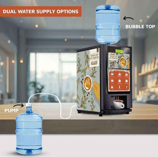 Best commercial coffee machine Delhi with dual water supply options including bubble top and pump system