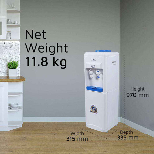Atlantis Blue water cooler for office in white with blue accents showing dimensions and weight