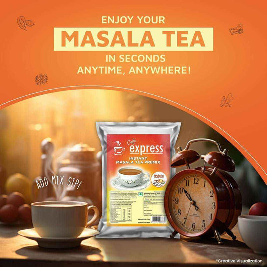 ATLANTIS Cafe express masala tea 1kg packet with cup of masala tea and vintage alarm clock on wooden table