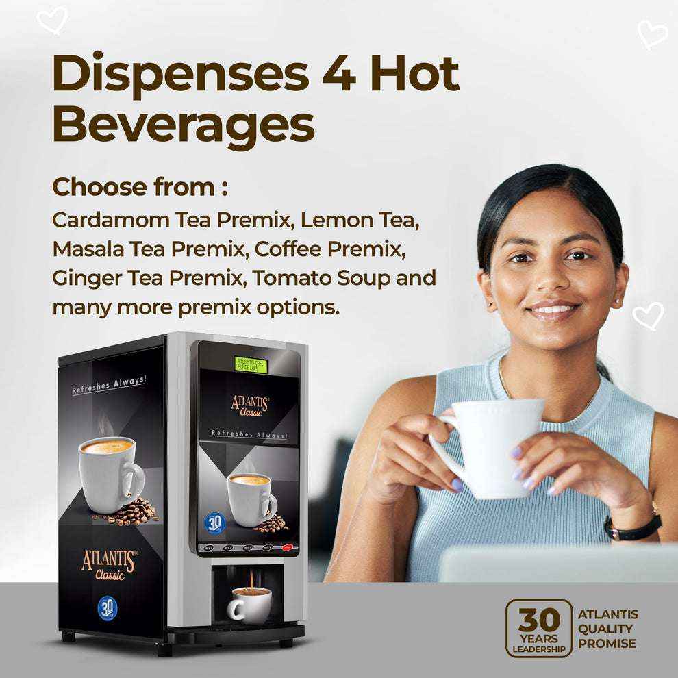 Coffee vending machine for office dispensing four hot beverages including coffee and tea with woman holding a cup