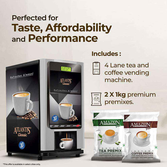 Coffee vending machine for office with 4 lanes including tea and coffee premixes for taste affordability and performance
