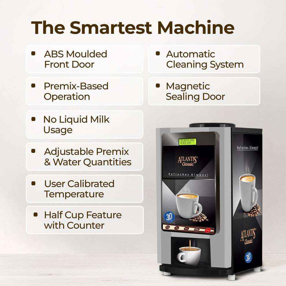 Coffee vending machine for office with premix operation, automatic cleaning, and adjustable water quantities