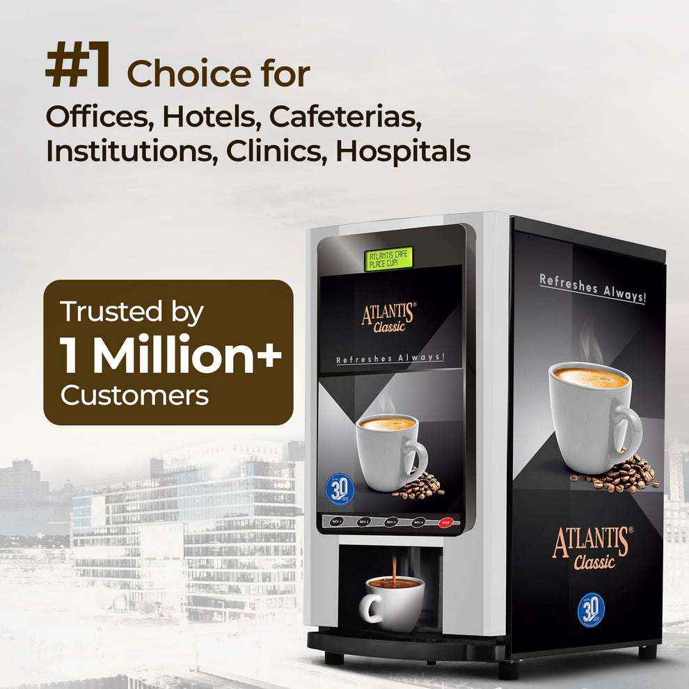 Atlantis Classic coffee vending machine for office with cup of coffee and coffee beans displayed